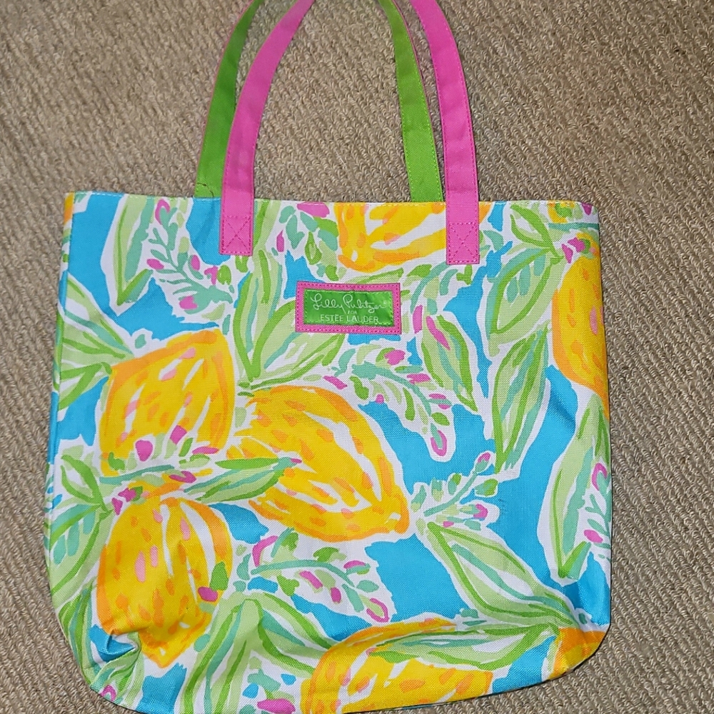 LILLY Pulitzer x ESTEE Lauder BEACH Tote BAG Tropical LEMONS Canvas SHOULDER